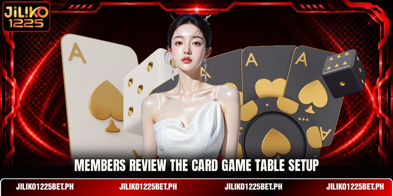 Members review the card game table setup Members review the card game table setup